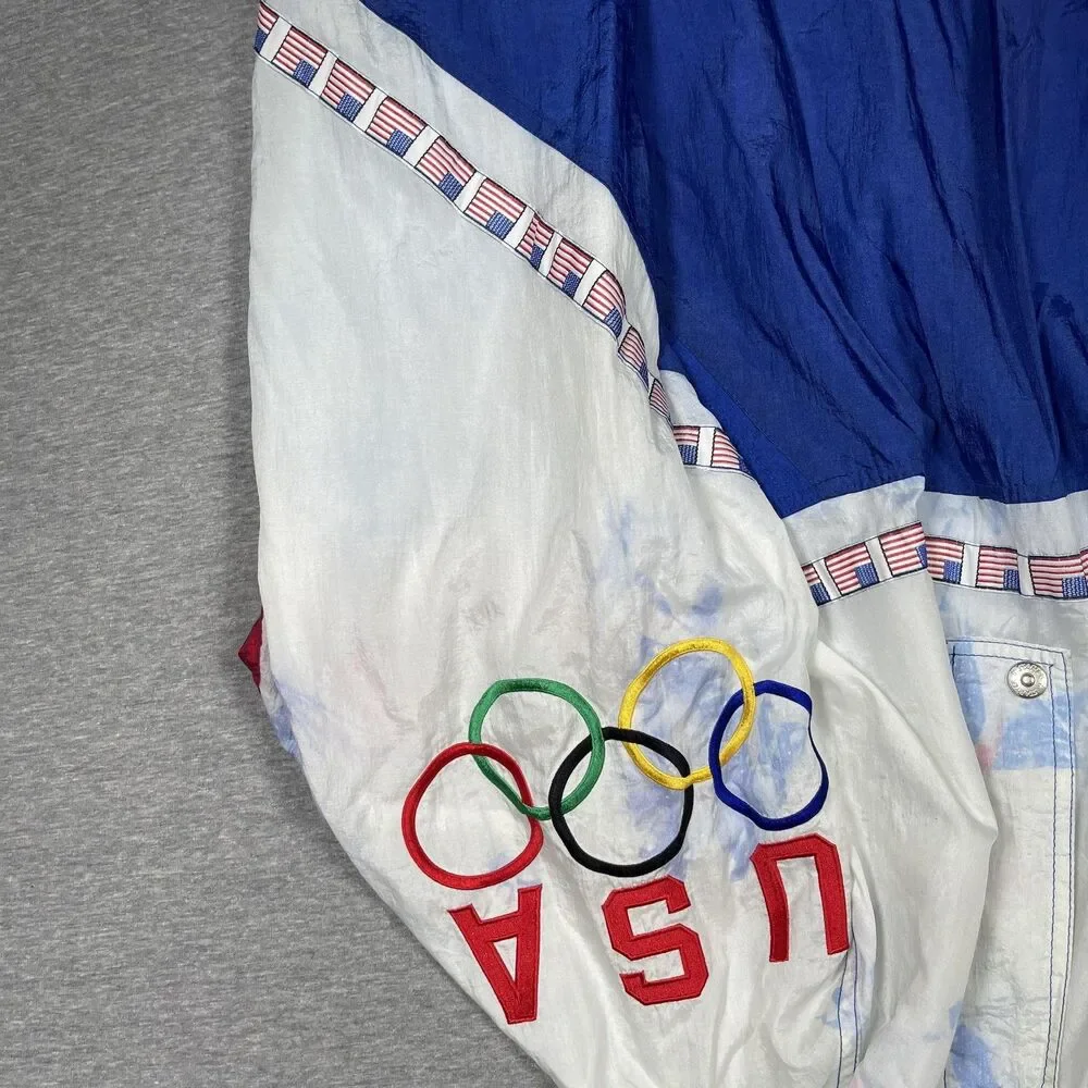 Vintage Starter Windbreaker Jacket Mens L Blue USA Olympic Hooded Pockets Lined